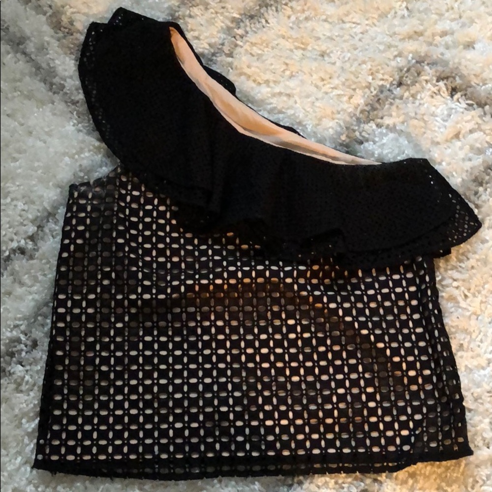 J Crew Black/Nude Blouse Eyelet One Shoulder sz. 6